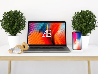 macbook pro iPhone мокап mockup на столе с наушниками макбук и айфон вместе макет для вставки